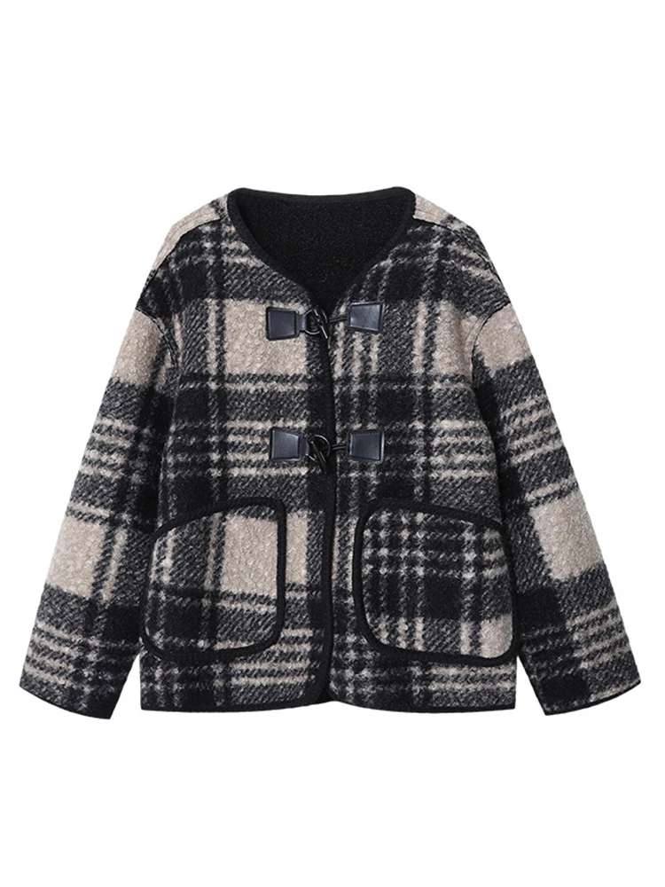 [LANMREM] Vintage Plaid Contrast Color Wool Coat For Womrn Round Neck Single Breasted Thick Jackets 2024 Winter New 26C188