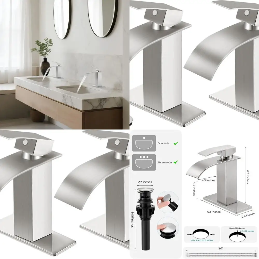 

Пара смесителей из матового никеля, современный смеситель для раковины с водопадом и одной ручкой для туалетного столика с 1 или 3 отверстиями — в комплект входит выдвижной слив