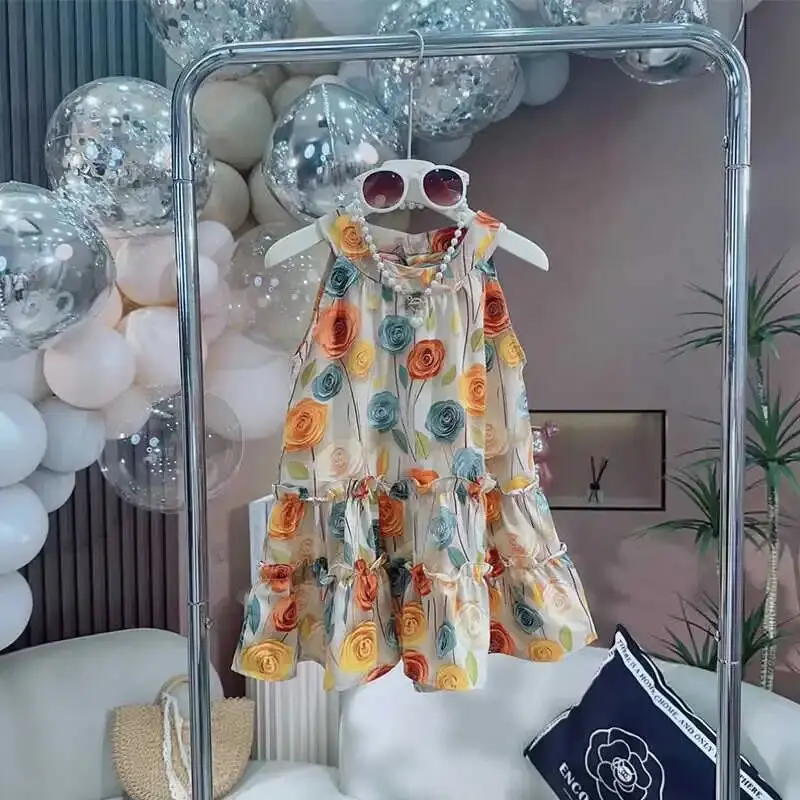 

Летнее тонкое платье с цветочным принтом для девочек, новинка 2025 года, модная детская пляжная юбка на бретелях в западном стиле