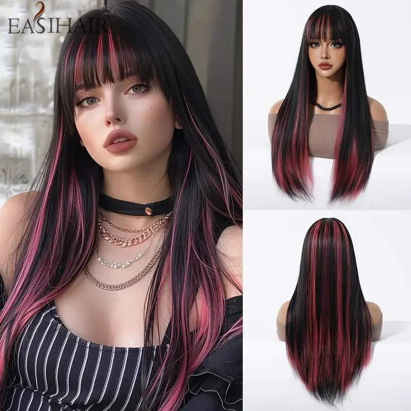 

Pink Black Mixed Synthetic Wig with Bangs Long Straight Cosplay Hair Wigs for Women Natural Heat Resistant Halloween Party Wig