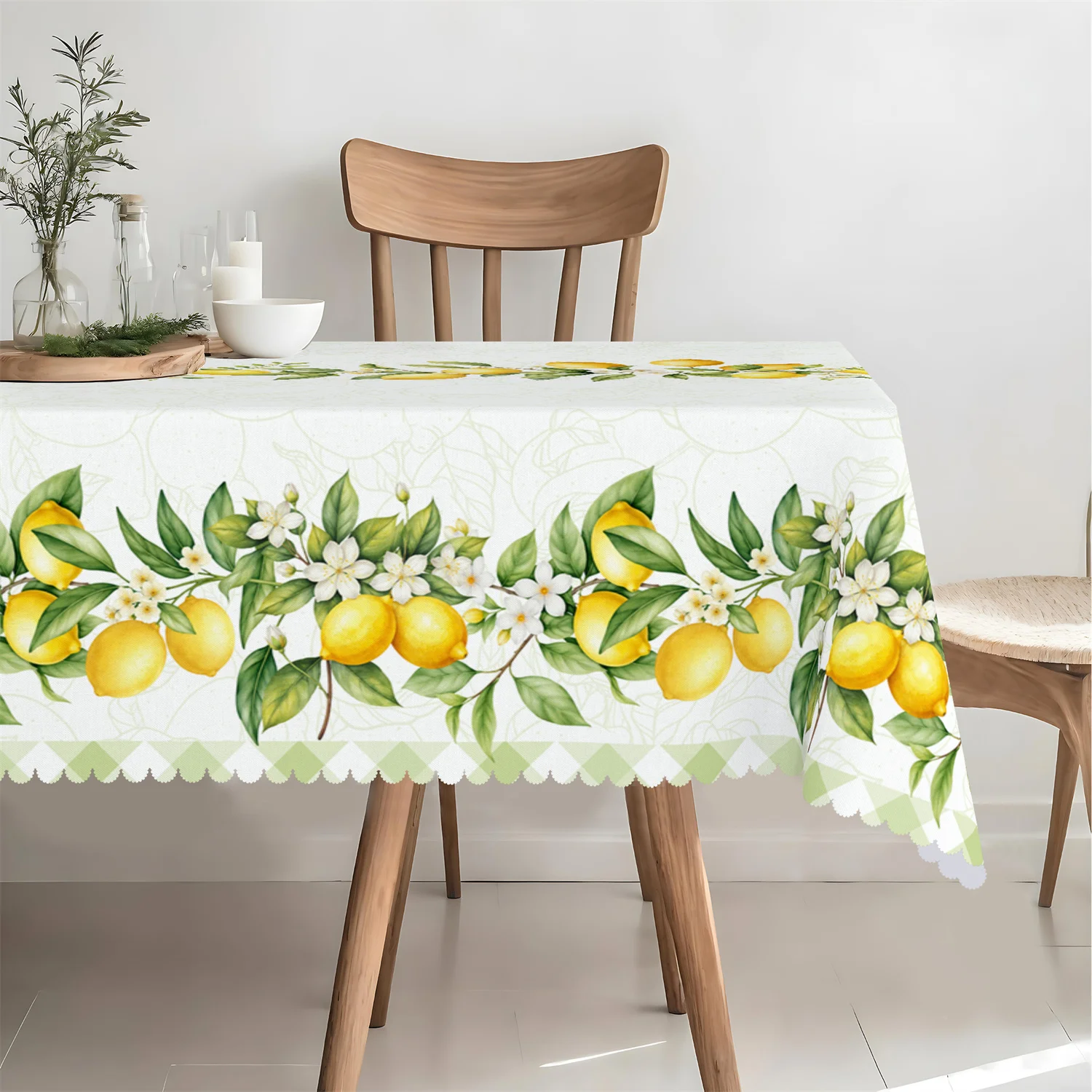 Summer Lemon Branch White Flowers Green Plaid Tablecloth for Table Decor Reusable Kitchen Dining Table Cloth Wedding Party Decor