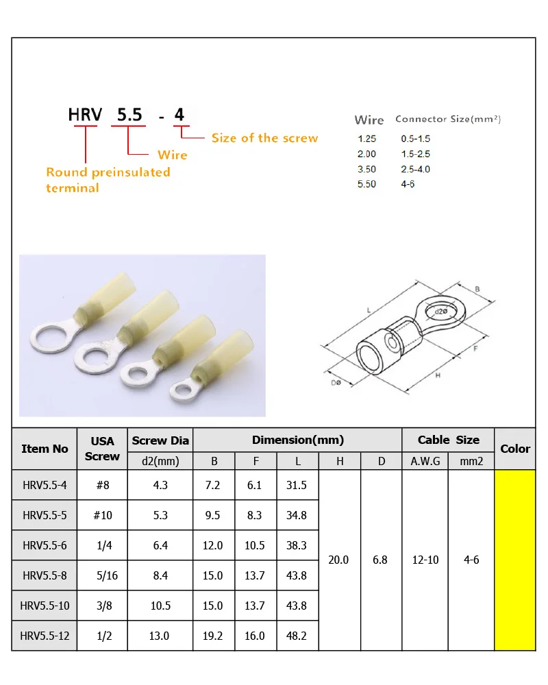 Heat Shrink Terminal Insulated Electrical Wire Cable Connector Auto 12-10 AWG Yellow Ring M4 M5 M6 M8 M10 M12