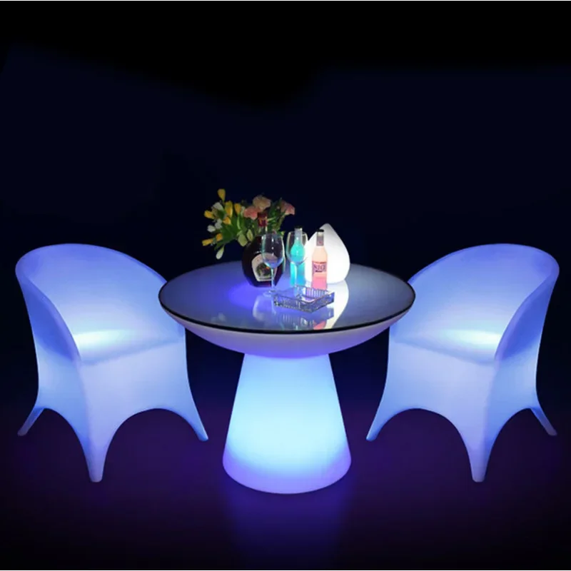 LED Bar Table Advanced Colorful Remote Control Bar Tabl e and Chair Luminous Furniture Round Dining Ta ble Coffee Tab le