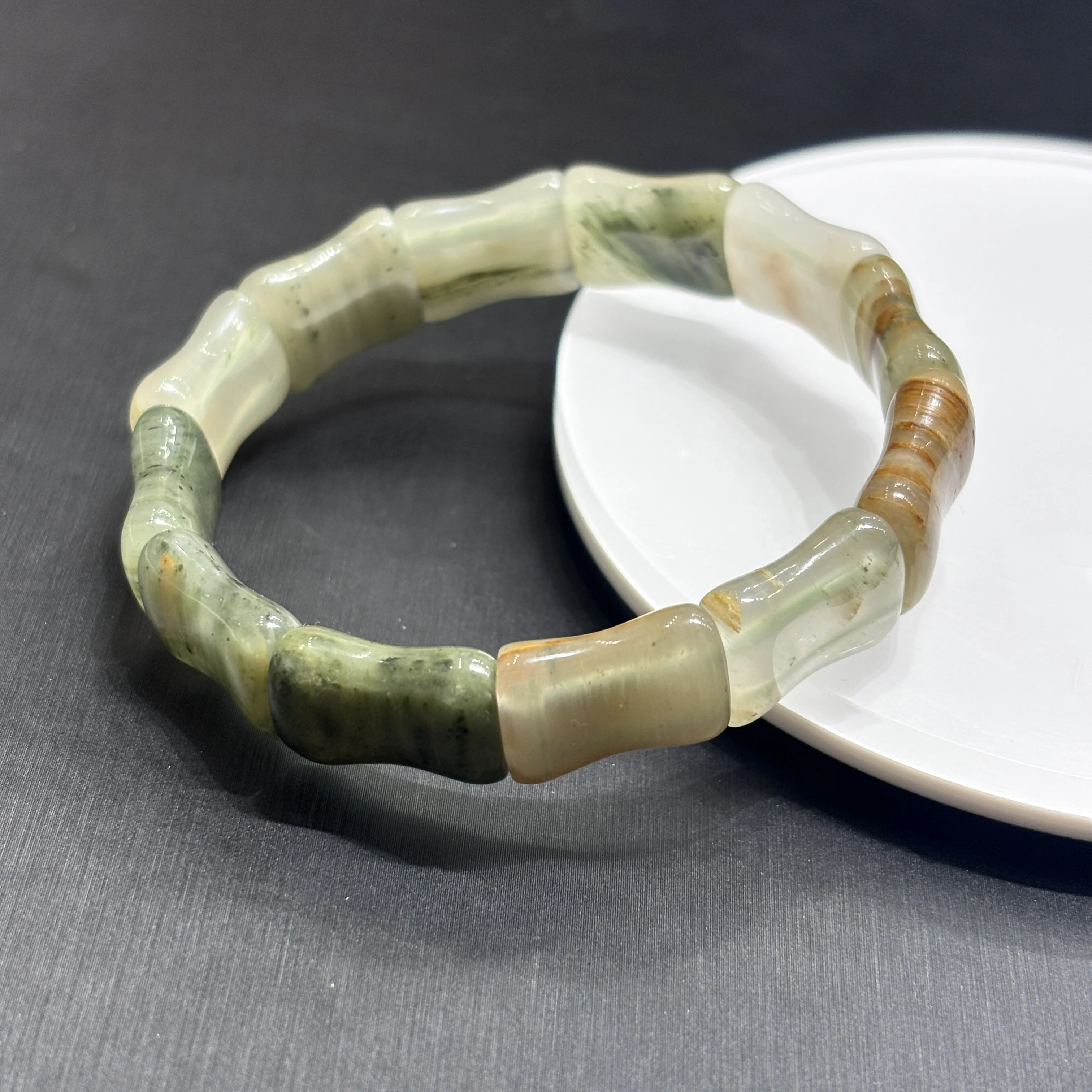 

Natural Green Rutilated Jade Bamboo Shaped Hand Chain,Handmade Artistic Aesthetic Gift,,Crystal Bracelet Gift for Women
