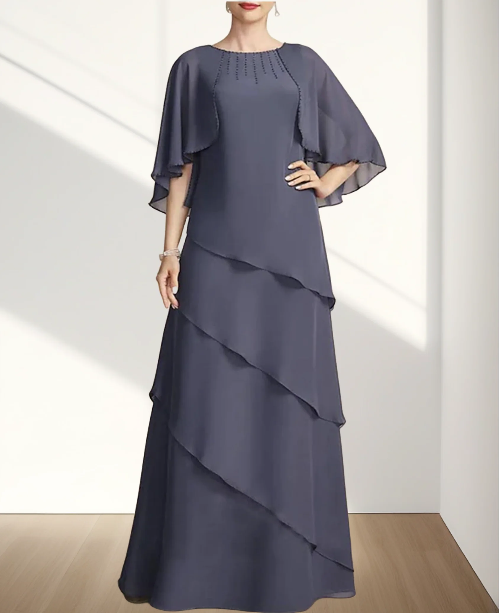 

A-Line Mother of the Bride Dress Wedding Guest Elegant Floor Length Chiffon 3/4 Length Sleeve with Cascading Ruffles 2024