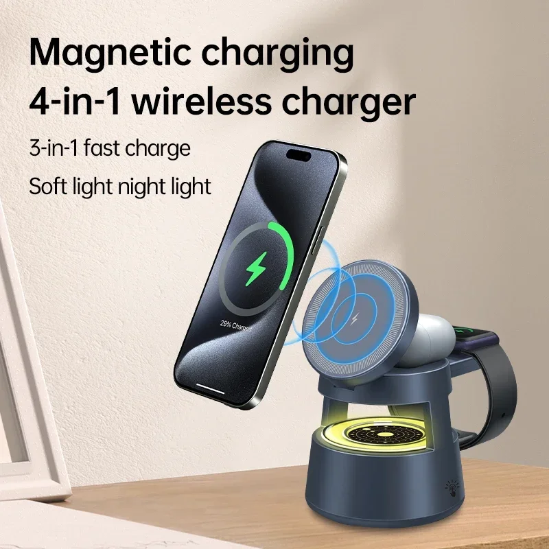 Wireless Charger Stand 5 in 1 Night Light LED Bluetooth Speaker For Magsafe iPhone 16 15 14 13 12 Apple Watch 9 8 7 Airpods Pro