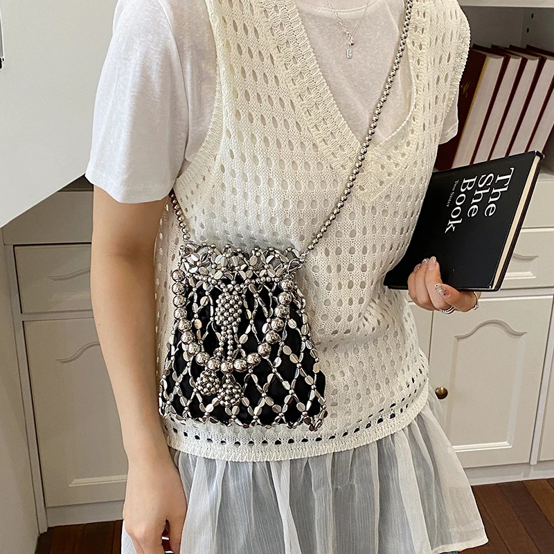 Summer Hollow Out Sparkling Silver Beaded Bucket Bags Chain Strap Mini Evening Bag Handmade Metal Mesh Women's Crossbody Purse