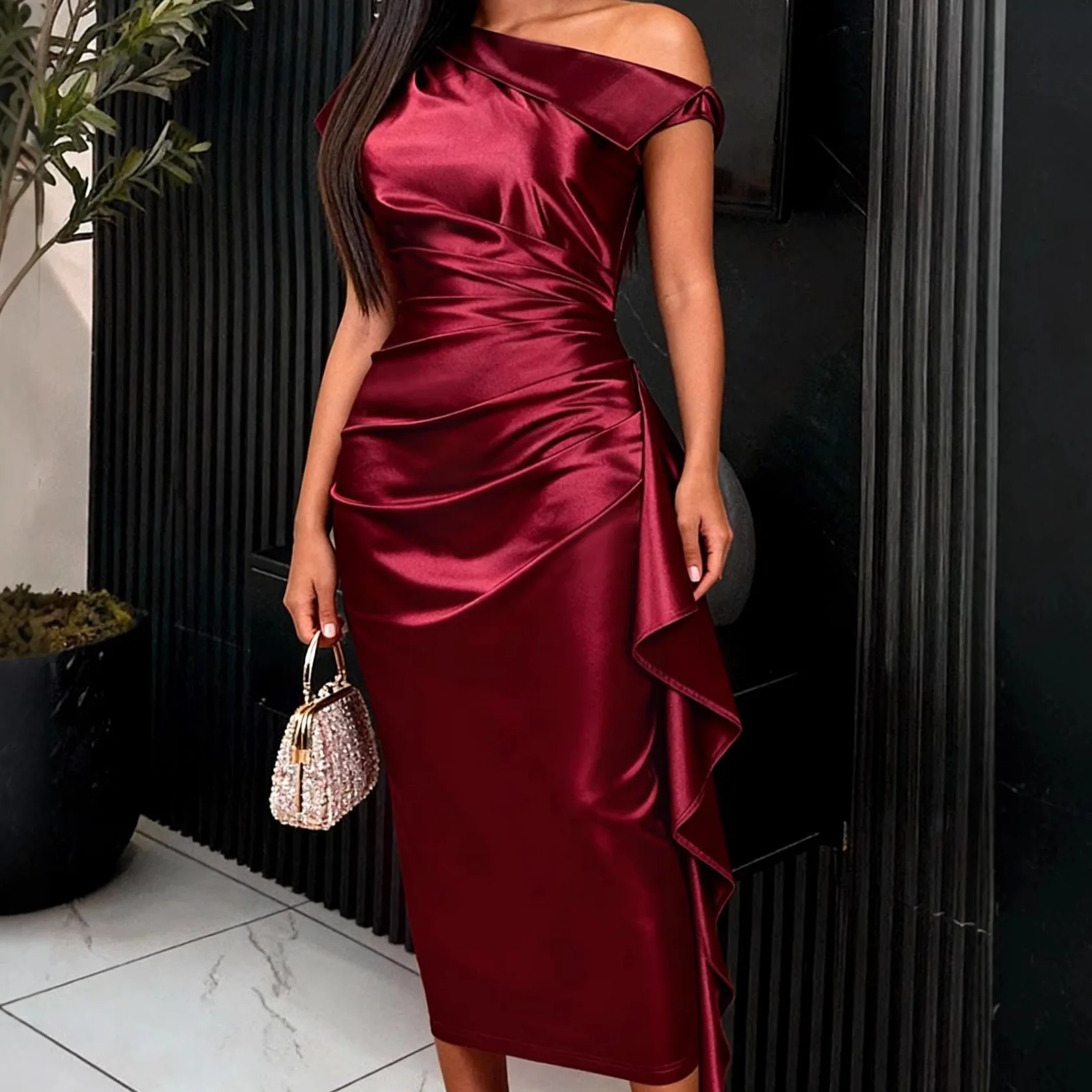 

Women Dresses Solid Bodycon Dress Ruffle Hem Diagonal Collar Short Sleeve Ankle Length Cinched Waist Casual Slim Fit 2026 Spring
