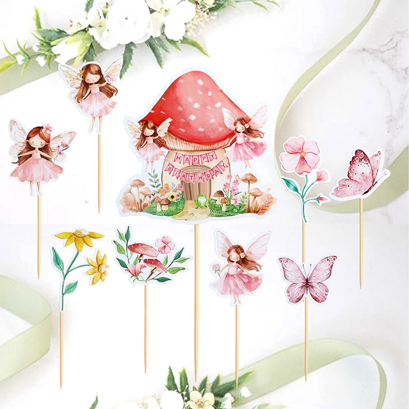 1 Set Feenhafte Cupcake-Topper Dekoration Blumenmuster Feen-Dessert-Zahnstocher Deko Feengarten Geburtstag Babyparty Partydekoration – Detail 3