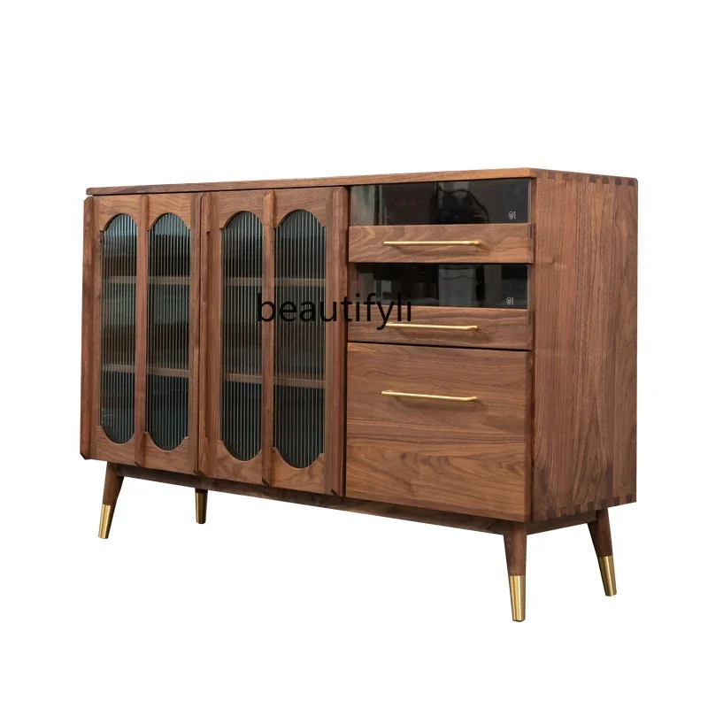 

Nordic and Japanese Style Sideboard Cabinet Black Walnut Cupboard Solid Wood Light Luxury Tea Cabinet Vintage Wine CabinetAsmt09