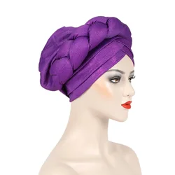 Big Braid African Female Head Wraps Bonnet Nigeria Already Made Headtie Turbante Glitter Gold Thread Fabric Turban Cap for Women