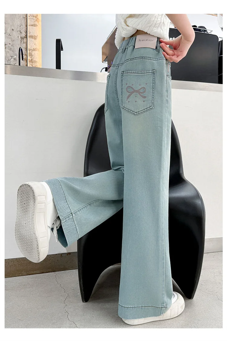 Sommerliche, weiche Lyocell-Jeans für Mädchen, ausgestellter Schnitt, dünne Bootcut-Jeans, Denim-Hose für Teenager, Kinder-Tencel-Jeans mit Schleife. – Detail 4