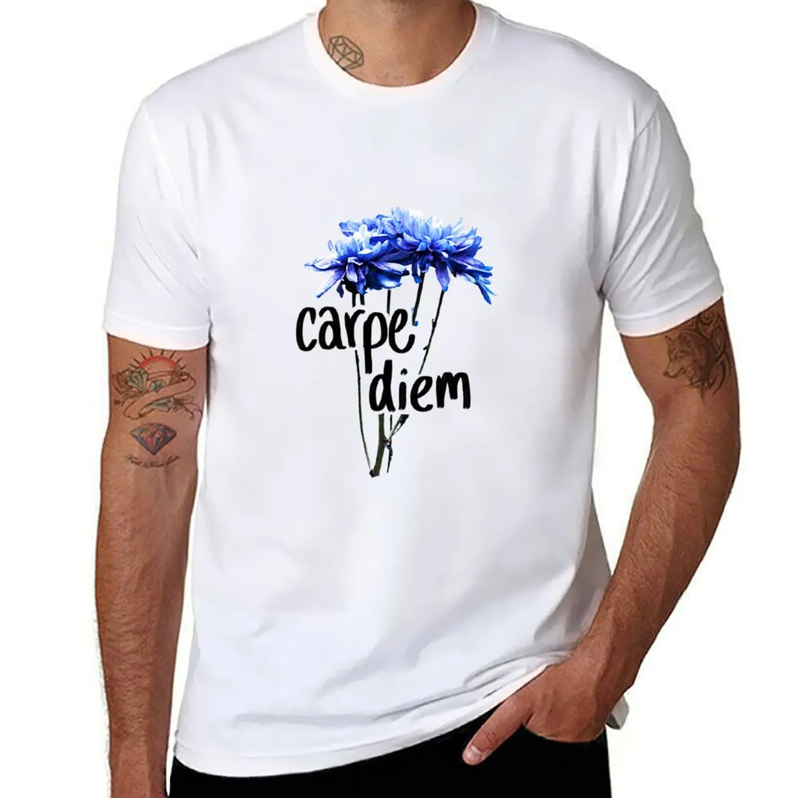 Carpe Diem Blue Flowers T-Shirt T-shirts oversize summer top Short sleeve tee mens t shirt