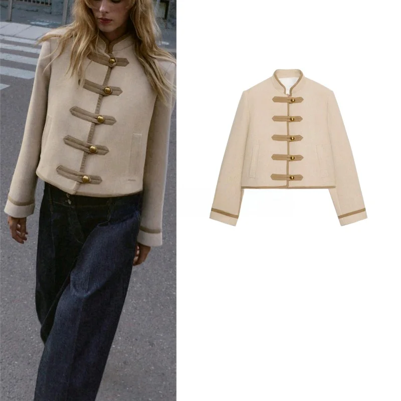 

Simple Sle Women's Jaet Coat High Collar Long Sve Bule Strap oulder Pad Autumn Winter New Arrival Breathable Polye...