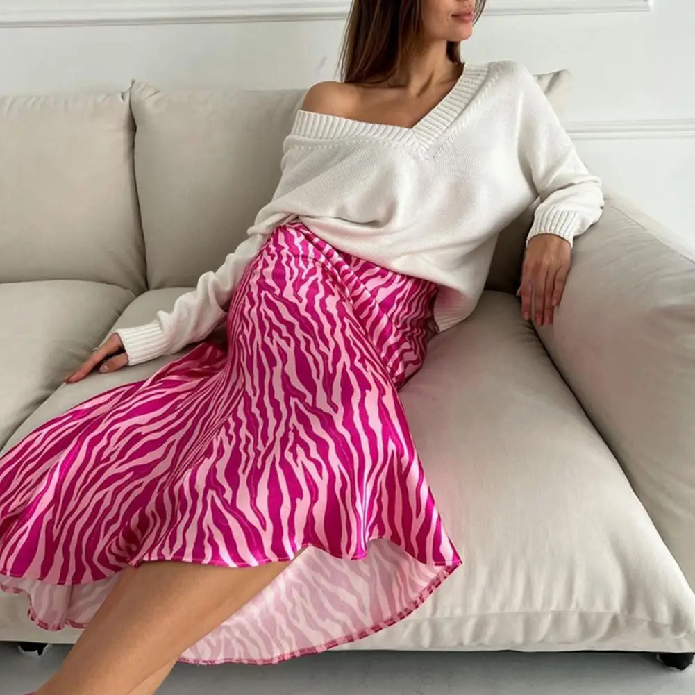 2024 Dressy Casual Print Pleated Long Skirts Women Autumn Fashion Elastic High Waist Striped Midi Skirt Streetwear Office Home ﻿