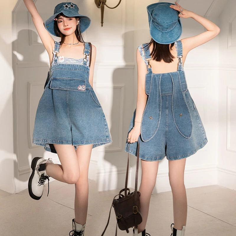 

Slimming Rabbit Ear Denim Overalls Women's Summer Large Size Faionable ort Pants High Waist Blue Jeans Bal