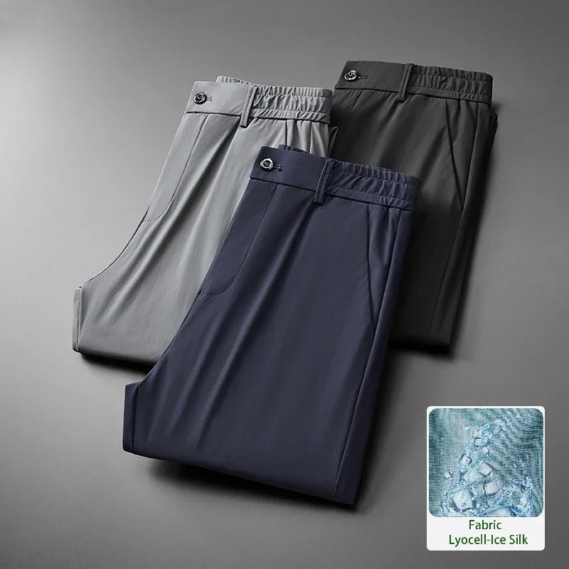 2025 Summer New Thin Ice Silk Men's Business Casual Pants Straight Suit Trousers Work All Match Elastic Waist Soft Ice Silk Pant