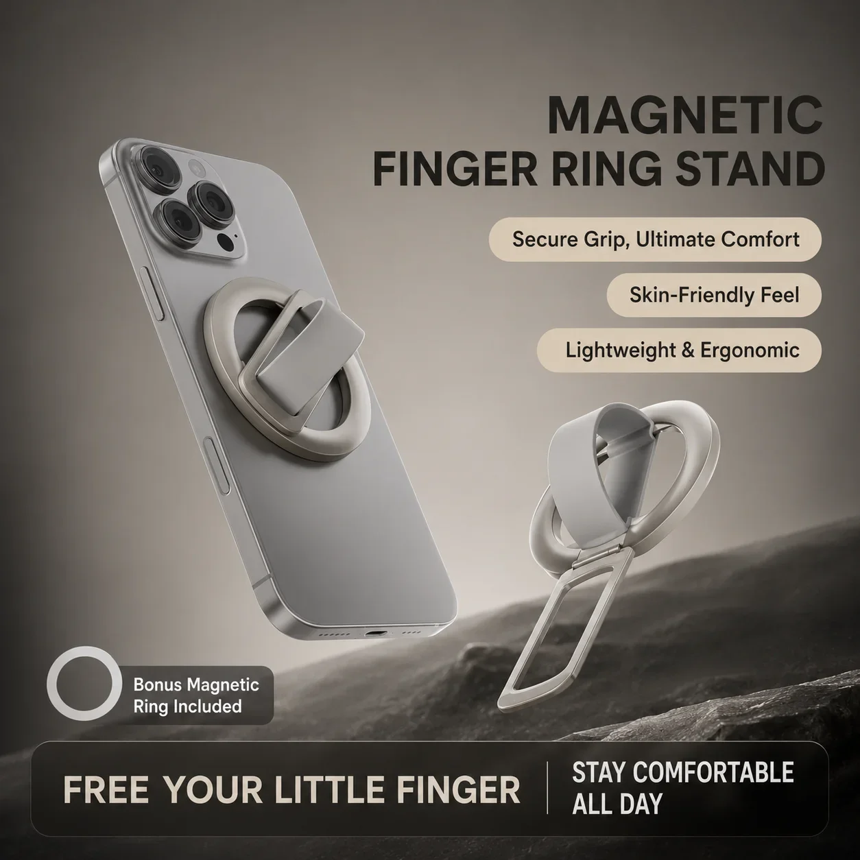 실리콘 재질의 자석 부착식 접이식 스마트폰 손가락 그립, 360도 회전 가능 °   MagSafe 아이폰 17 및 샤오미 휴대폰용 회전식 범용 스마트폰 거치대