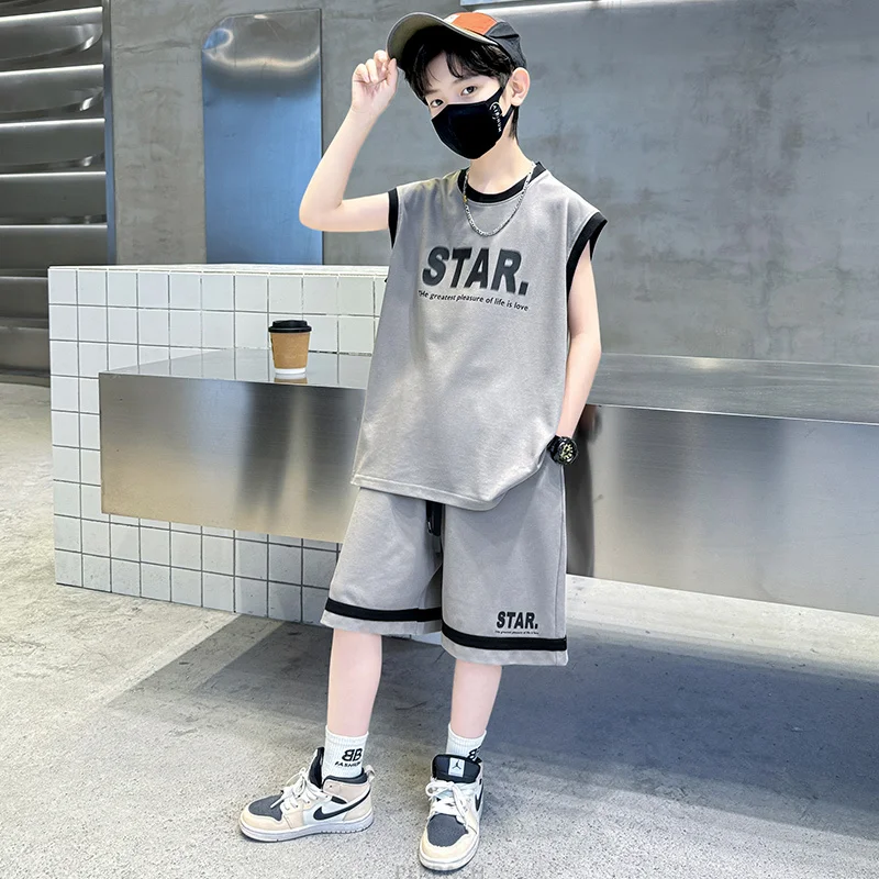 Casual Boy ฤดูร้อนเสื้อผ้าชุดผ้าฝ้ายชุดเด็กแขนสั้นกางเกงขาสั้น 2PCS เด็กวัยรุ่นหรูหราเสื้อผ้าชุดวอร์ม