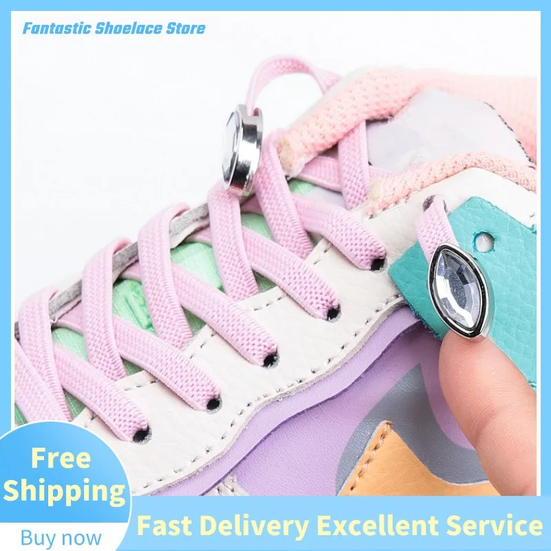 1Pair No Tie Shoelaces Oval Diamond Buckle Colorful Rhinestone Locks Elastic Laces Sneakers Quick Release Adjustable Accessories