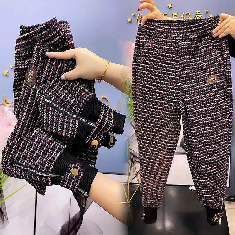 

Europe Station 2023 Autumn/Winter Plaid Casual Pants Wool Boots Pants Loose High Waist Small Feet Pants 4XL