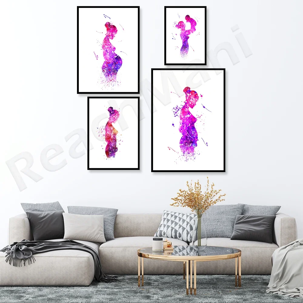 Pregnancy stage newborn art maternity watercolor print, pregnant woman third trimester baby shower showcase pregnancy gift poste