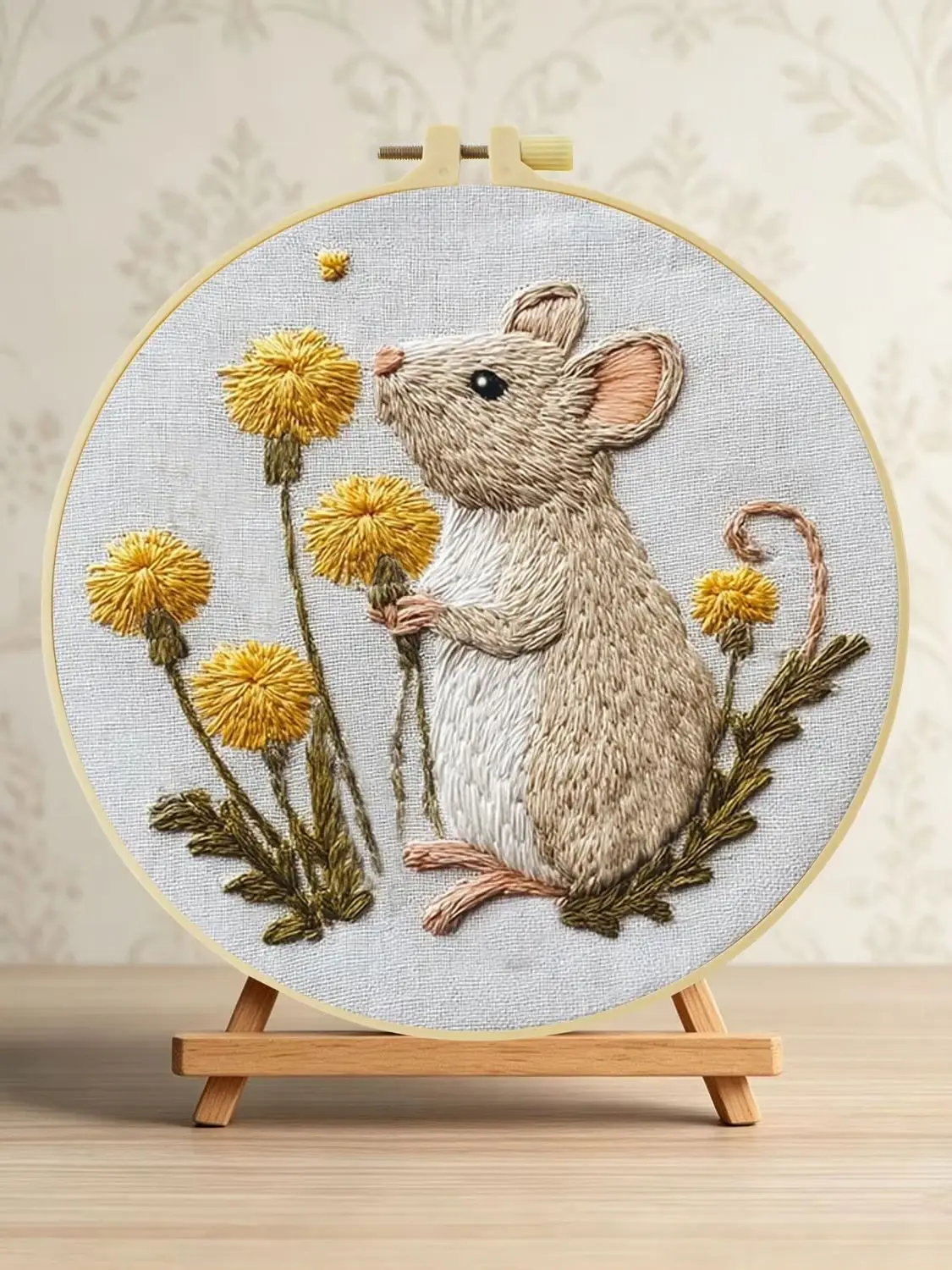 Maus mit Löwenzahn 1 Stück DIY Stickerei-Material-Set für Anfänger Stickerei-Starter-Kit Kreuzstich-Kunst als Geschenk Nähzubehör – Detail 1