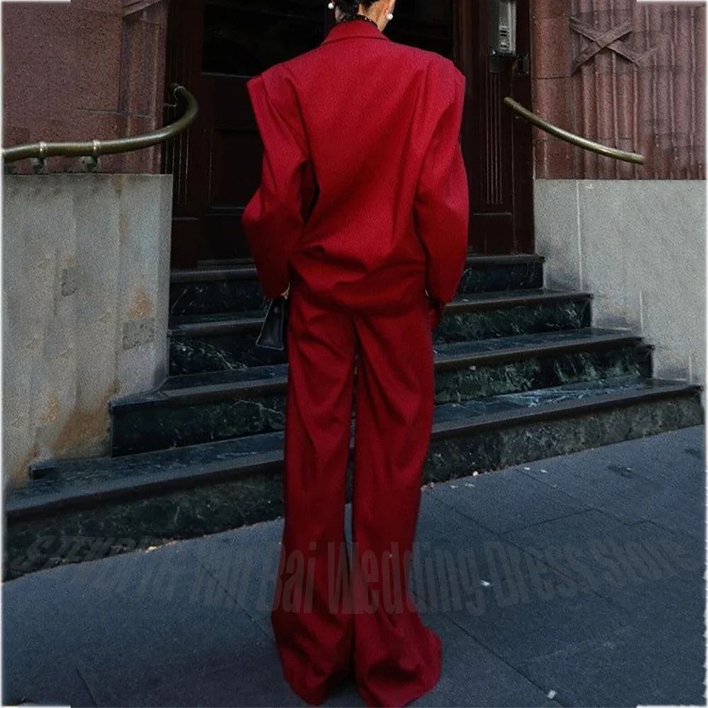 Solid Color Women Suit Smart Casual Peaked Lapel Loose Outfit Double Button High Street Party Wedding Set Two Piece Jacket Pants