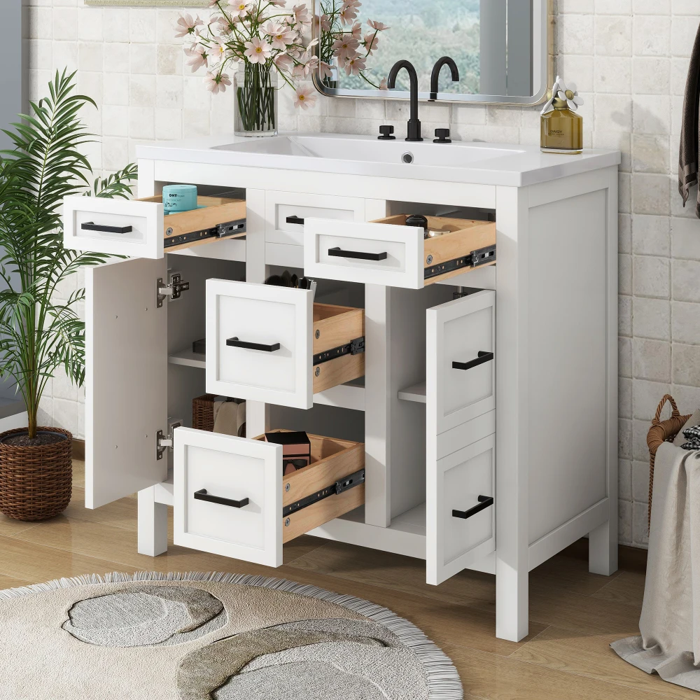 

36" Bathroom Vanity Cabinet with Resin Integrated Sink - 4 Drawers, 2 Doors