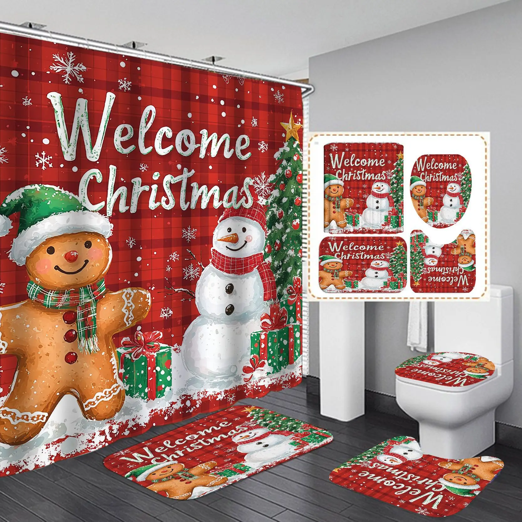 

Red Marry Christmas Shower Curtain Santa Claus Printed Waterproof Polyester Bath Curtain for New Year Christmas Bathroom Decor