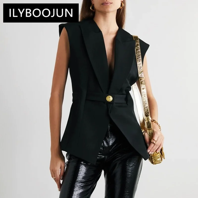 S-XL Three Colors High Quality Fashion Solid Sleeveless Lapel Waistband Fits Well with Commuter Style Women's Vest