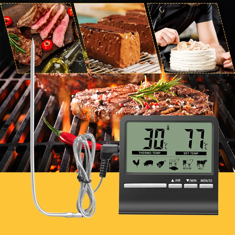 Large LCD Kitchen Barbecue Food Thermometer Probe Meter Outdoor Grill Oven Meat Cooking Baking Alarm Timer Measuring Tools