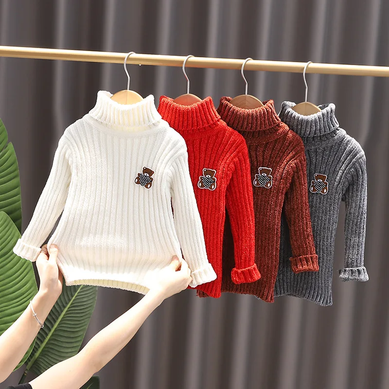 Autumn Winter 1-8Y Girls Chenille Base Shirts Bear Infant Babys Girl Knitted Sweaters Turtleneck Ribbed  Toddler Girls Pullovers