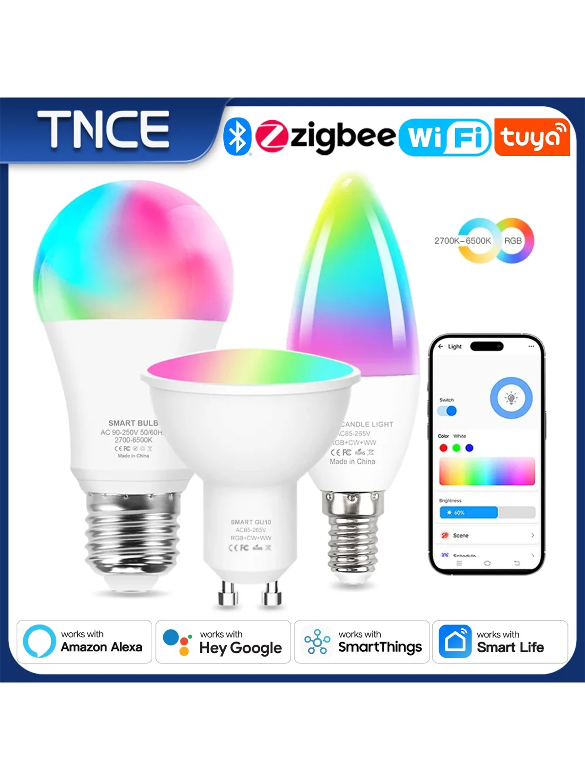 TNCE Tuya E27 E14 GU10 Żarówka WIFI Zigbee, ściemnialne lampy LED 2700-6500k RGB, aplikacja Smart Life, głos z Alexa Google Home — zdjęcie 2