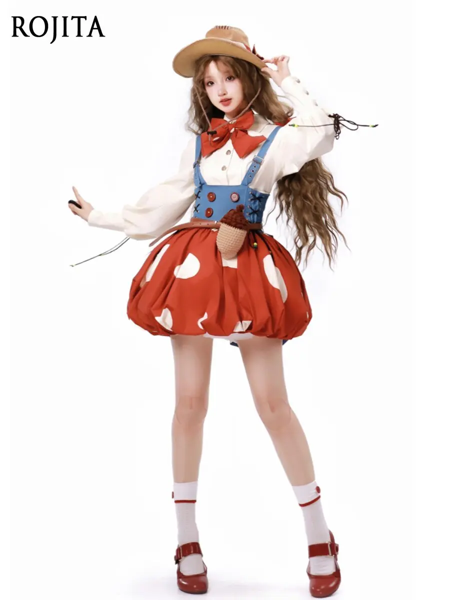 

Sweet Mushroom Lolita JSK Dress Red Polka Dot Puff Skirt Overalls Dress Cute Denim Strap Bud Red Dresses Mushroom Lolita Dress