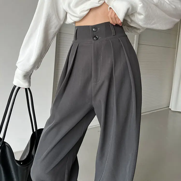 

Black Suit Pants for Women Korean 2 Buttons Wide Leg Trousers Vintage Streetwear High Fashion Office Ladies Work Bottoms