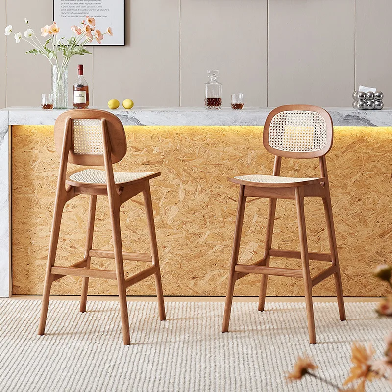 Nordic rattan chair Japanese solid wood bar chair coffee shop home leisure real rattan chair milk tea shop high bar chair