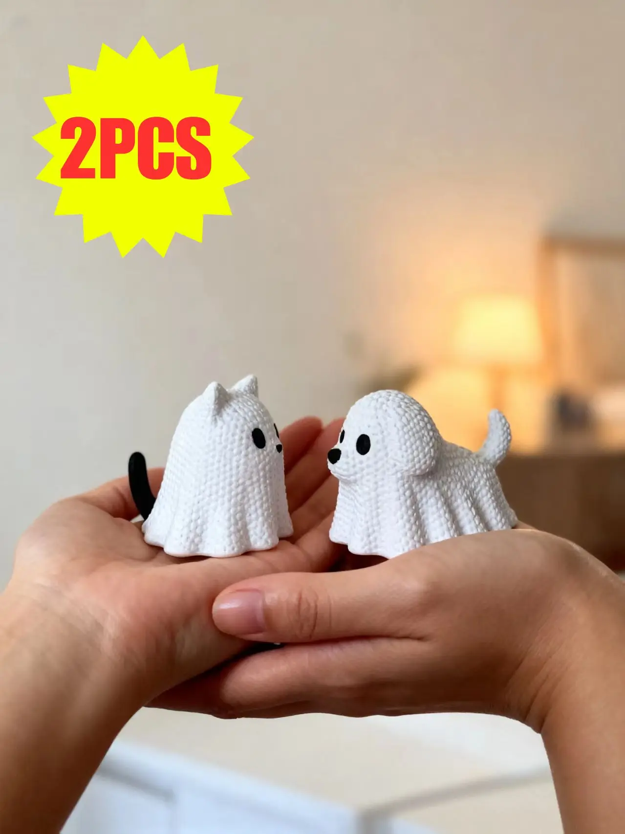 2 Pieces - Ghost Cat and Ghost Dog Holiday Statue Decorations, Made of Plastic, Halloween Gifts, Quirky Birthday Gifts