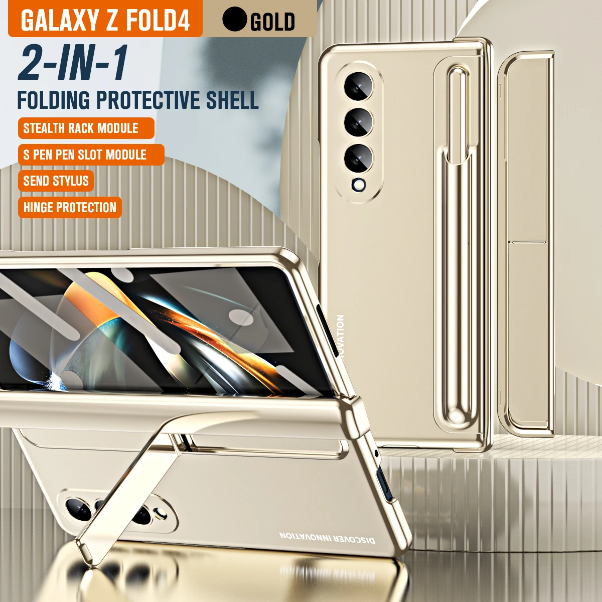 

Invisible Bracket Golden Armor Case For Samsung Galaxy Z Fold 5 4 5G Case Hinge Pen Slot With Pen Screen Cover For Z Fold4 Fold5