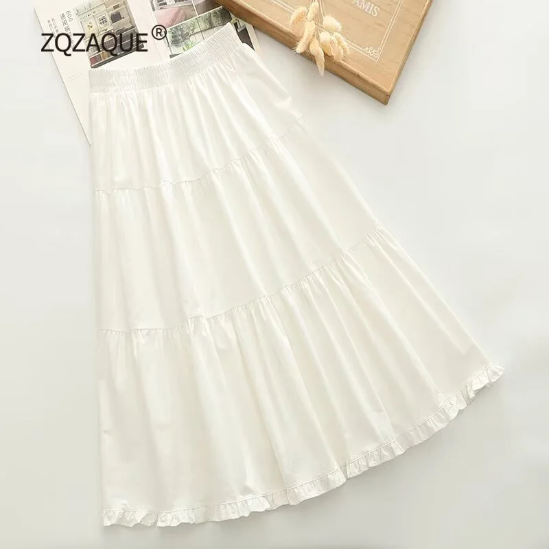 

Japanese Forest Style Skirt Women's Solid Color Splicing Mushroom Lace Elastic Waist Oversize Female’s Cotton Skirt S150