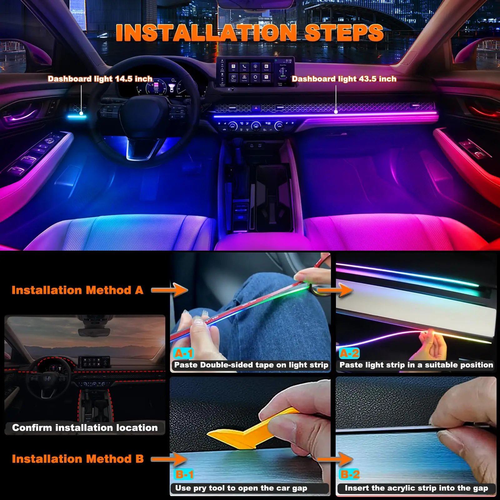 Acrílico LED Interior Strip Light, iluminação ambiente do carro, RGB lâmpada decorativa, 2in 1, Dreamcolor Neon dinâmico, Tesla Model 3, Y, S, X