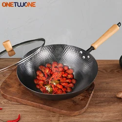 32cm Carbon Steel Wok Pan,No Coated Flat Bottom Chinese Woks Pan for Induction, Electric, Gas, Halogen All Stoves