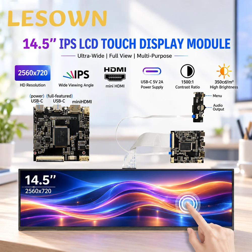 LESOWN 14.5 Inch Ultra Wide LCD Touch Screen 2560x720 5P Capacitive Incell 350cdm2 60Hz 1500:1 178 MiniHDTV TypeC 5V2A Speaker