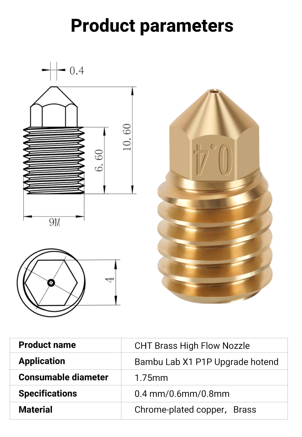 Boquillas de latón para impresora 3D, boquilla de acero duro de 500 ℃ para filamento de 1,75mm, 0,4-1,2mm, extremo caliente, para Bambu X1 P1P