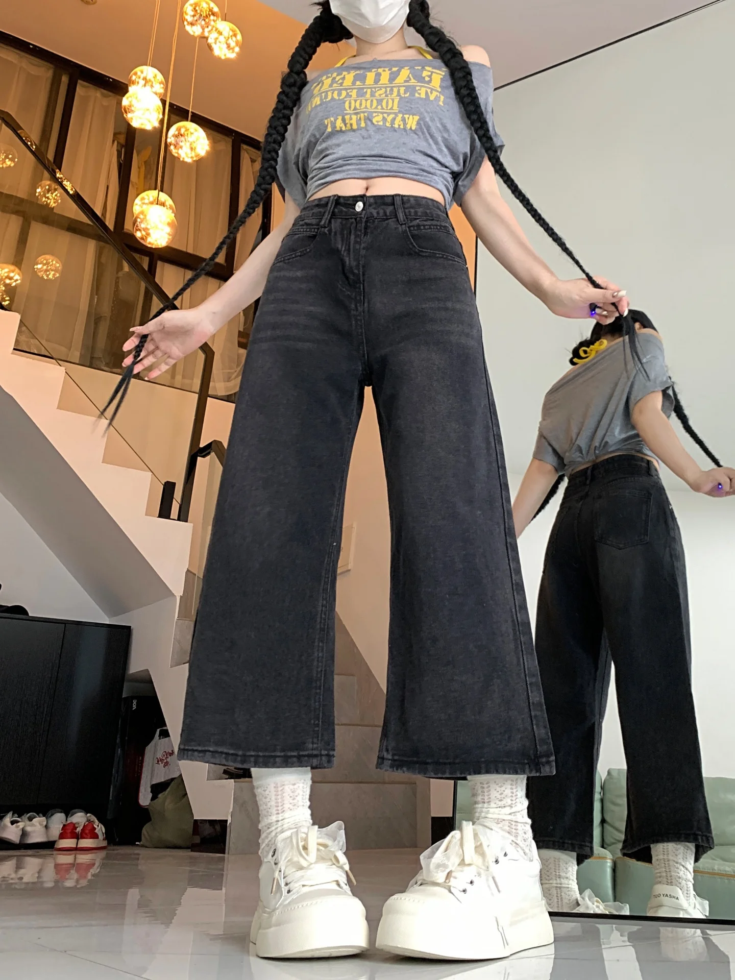 High Waist Wide Leg American Sle Denim Jeans Women Loose Fit Straight Leg Pants Autumn New Sle plus Size Slimming Eighteen