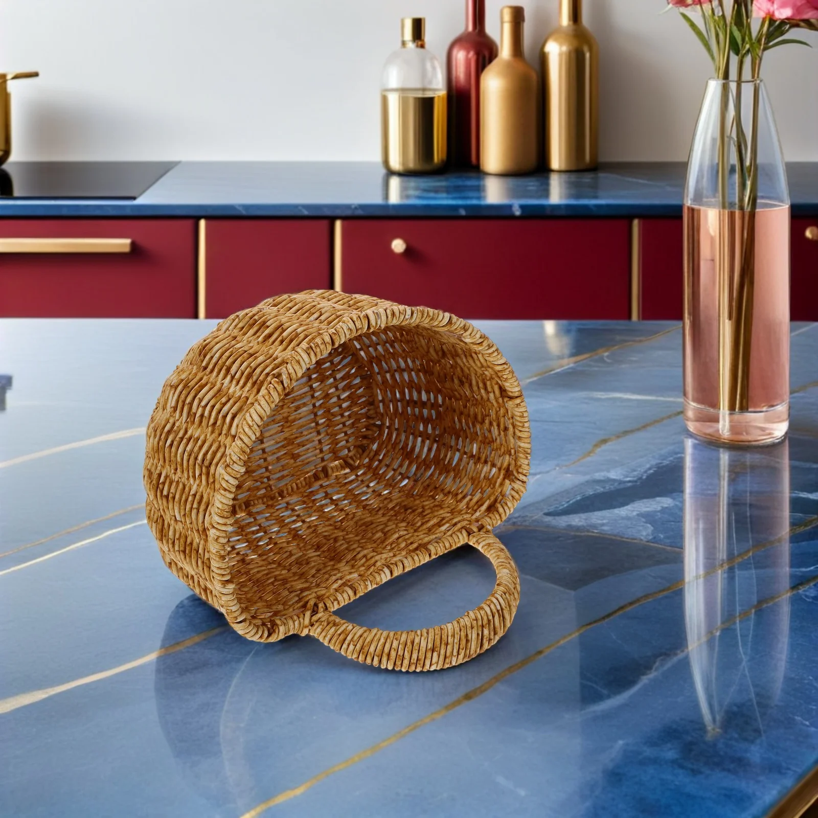 

2pcs Wall Hanging Storage Baskets, Imitation Rattan Woven Organizer For Kitchen Bathroom, Hanging Baskets For Plants Home