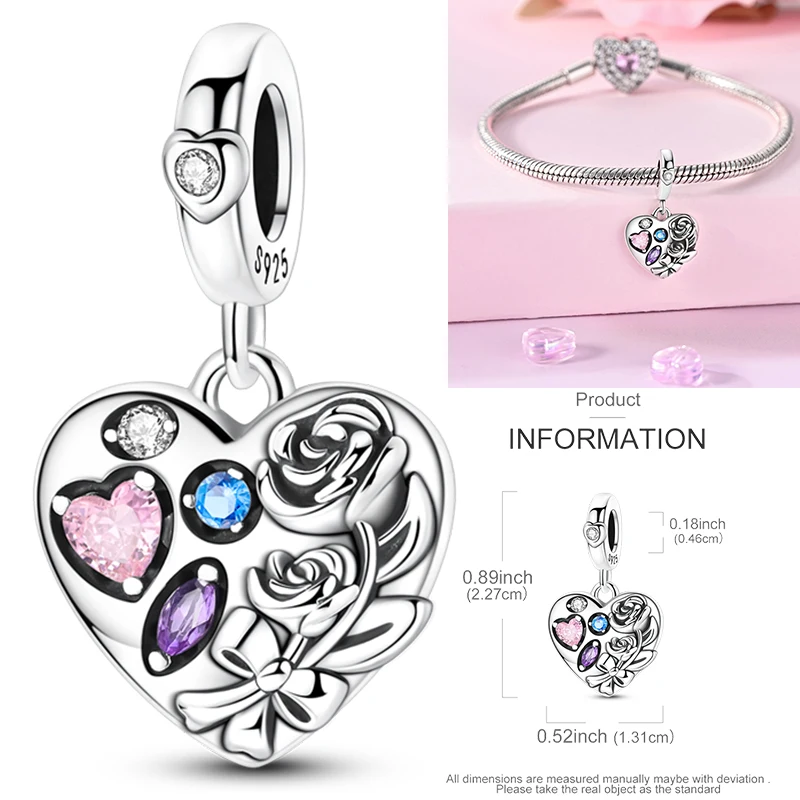 925 Sterling Silber Liebesherz Paar Familie Rose Motorrad Charm-Perlen DIY Armband Halskette Jubiläumsgeschenk für Frauen – Detail 16