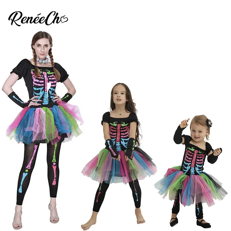 Family Costumes Halloween Mother And Daughter Carnival Costume Girl Skeleton TuTu Dress Cosplay Women Funky Punky Bones Outfit