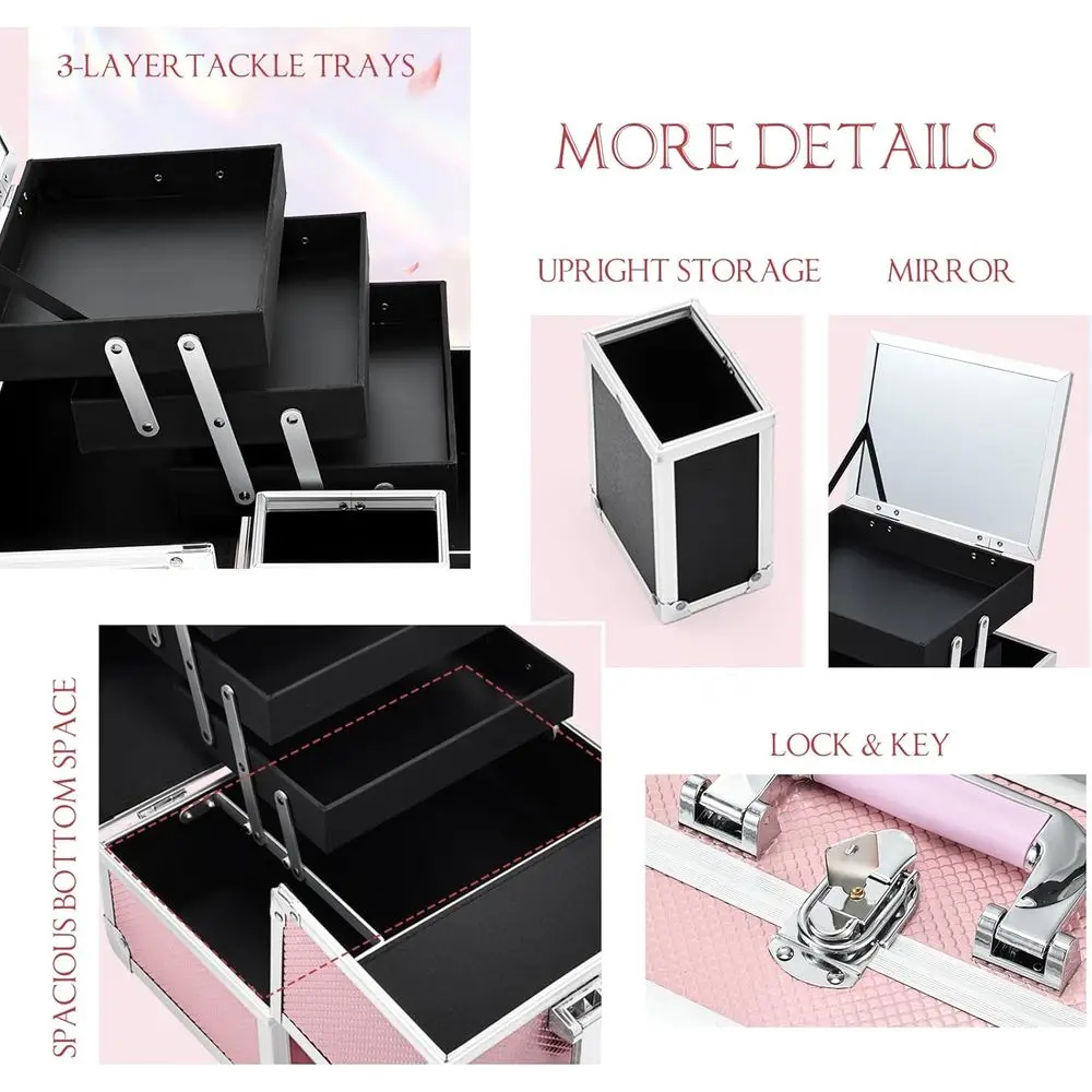 Trousse de maquillage portable rose sirène avec 3 niveaux, miroir, porte-brosse, verrouillable et clé, organisateur de bijoux 11.8 pour voyage
