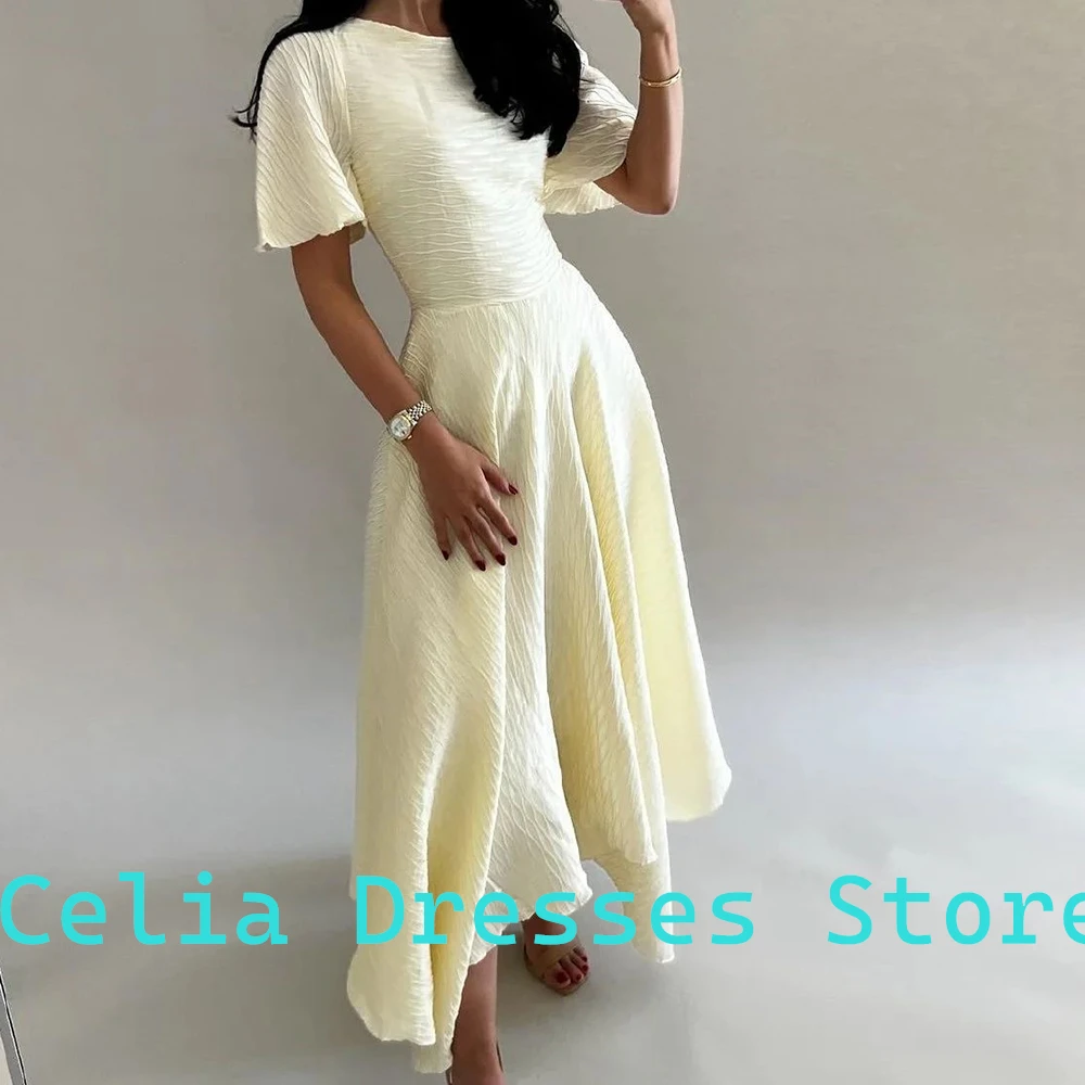 Robe de Soirée Trapèze à Manches Courtes et Col Rond, en Jersey, Longueur de Rinçage, Plis de Documents Solides, sur Mesure, pour Formel, 2024